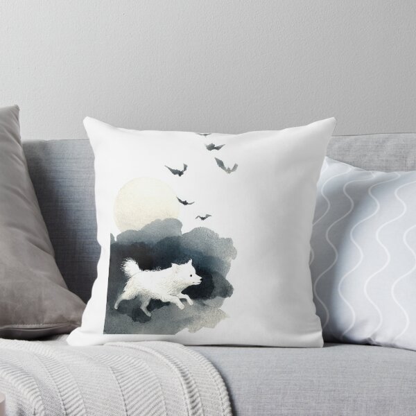 Item preview, Minimal Ink Painting of Dog Running Beneath Full Moon and Bats – Black and White Watercolor designed and sold by ThaiArtShop.
