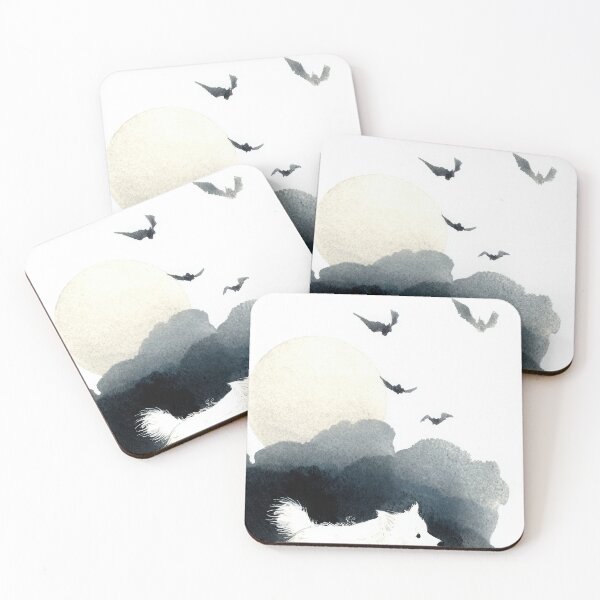 Item preview, Minimal Ink Painting of Dog Running Beneath Full Moon and Bats – Black and White Watercolor designed and sold by ThaiArtShop.
