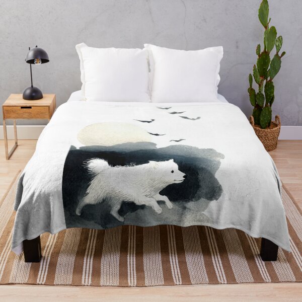 Item preview, Minimal Ink Painting of Dog Running Beneath Full Moon and Bats – Black and White Watercolor designed and sold by ThaiArtShop.