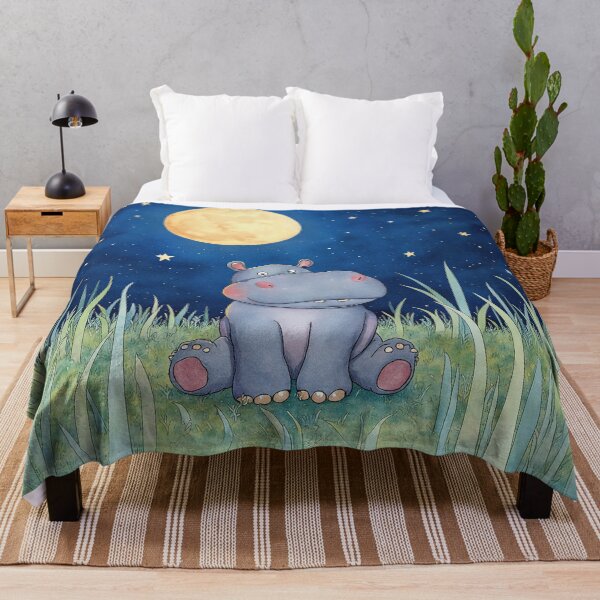 Item preview, Happy Hippo Under the Moon – Whimsical Night Meadow Illustration designed and sold by Whimsical Hug.