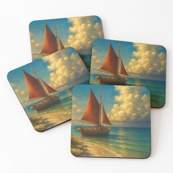 Item preview, Red Sailboat on Tropical Beach - Turquoise Seascape Painting designed and sold by WhimsyHeartCrafts - TonnyFroyen.com.