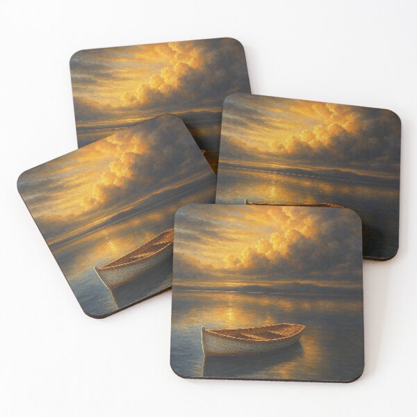 Artikelvorschau, Solitary Rowboat at Golden Hour Dusk - Deep Reflective Seascape entworfen und verkauft von WhimsyHeartCrafts - TonnyFroyen.com.