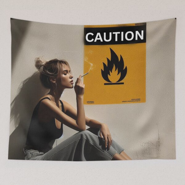 Item preview, Stylish Woman with Cigarette Sitting by Caution Sign Wall. designed and sold by Spark2Seduction.