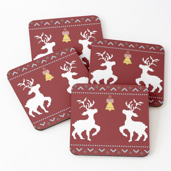 Item preview, Red festive pixel art background featuring two white reindeer a golden bell and decorative winter patterns designed and sold by Crispifly.