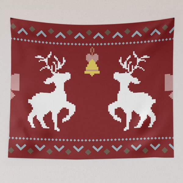 Item preview, Red festive pixel art background featuring two white reindeer a golden bell and decorative winter patterns designed and sold by Crispifly.