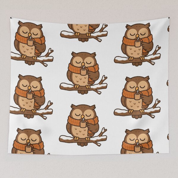 Item preview, Owl with Scarf and Mug – Cozy Winter Bird designed and sold by Confuzz1ed.