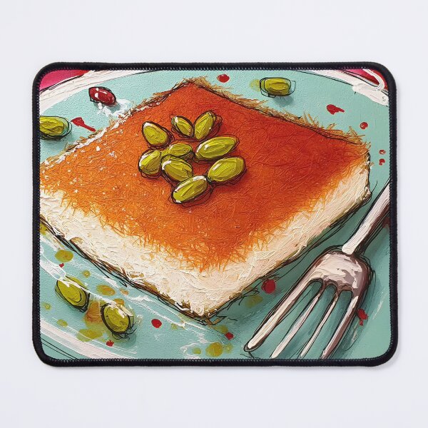 Item preview, Delight in Pistachio-Topped Kunafa on a Blue Plate with Vibrant Red Backdrop designed and sold by OlfactoART Studio.