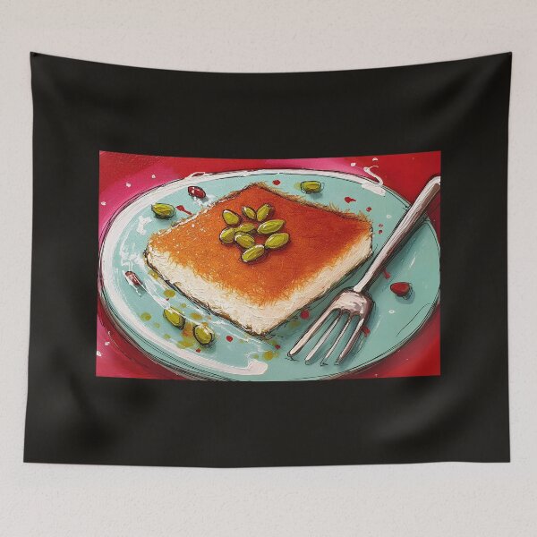 Item preview, Delight in Pistachio-Topped Kunafa on a Blue Plate with Vibrant Red Backdrop designed and sold by OlfactoART Studio.