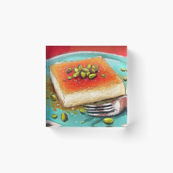 Item preview, Savor a Golden Middle Eastern Kunafa with Pistachios on a Vibrant Blue Plate with Silver Fork designed and sold by OlfactoART Studio.