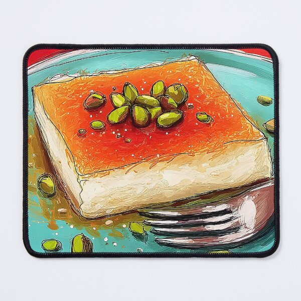 Item preview, Savor a Golden Middle Eastern Kunafa with Pistachios on a Vibrant Blue Plate with Silver Fork designed and sold by OlfactoART Studio.