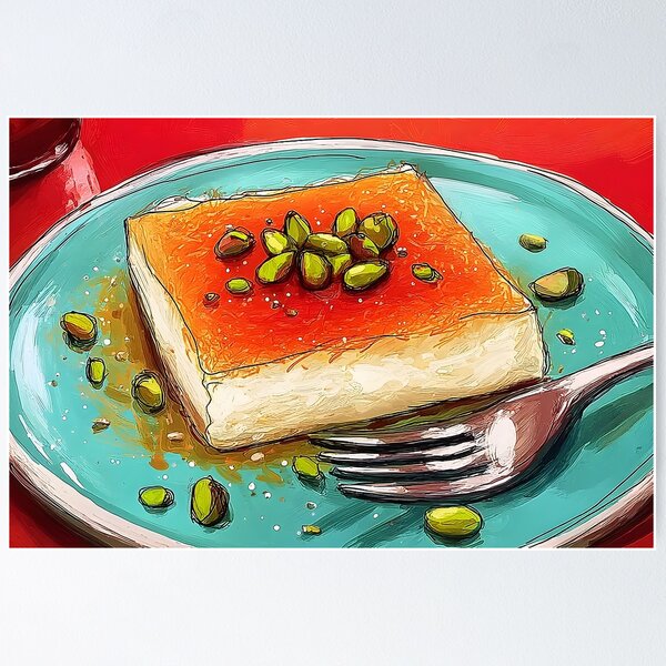 Item preview, Savor a Golden Middle Eastern Kunafa with Pistachios on a Vibrant Blue Plate with Silver Fork designed and sold by OlfactoART Studio.