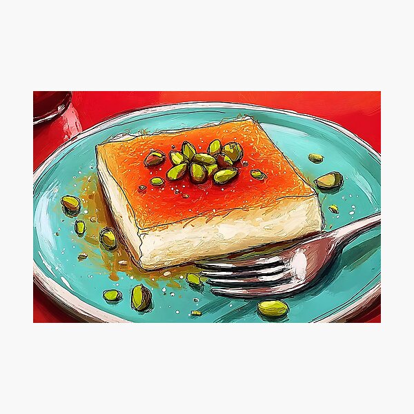 Item preview, Savor a Golden Middle Eastern Kunafa with Pistachios on a Vibrant Blue Plate with Silver Fork designed and sold by OlfactoART Studio.
