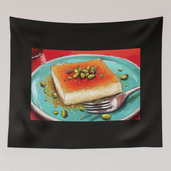 Item preview, Savor a Golden Middle Eastern Kunafa with Pistachios on a Vibrant Blue Plate with Silver Fork designed and sold by OlfactoART Studio.