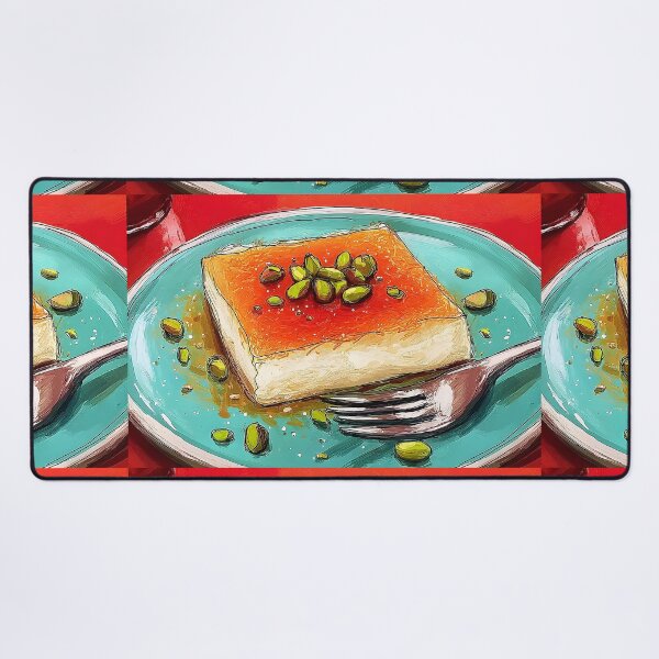 Item preview, Savor a Golden Middle Eastern Kunafa with Pistachios on a Vibrant Blue Plate with Silver Fork designed and sold by OlfactoART Studio.