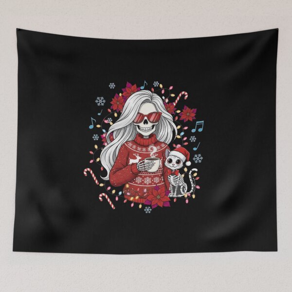 Item preview, Skeleton Girl with Christmas Cat | Festive Holiday Coffee & Music Art designed and sold by ColorSplash123.