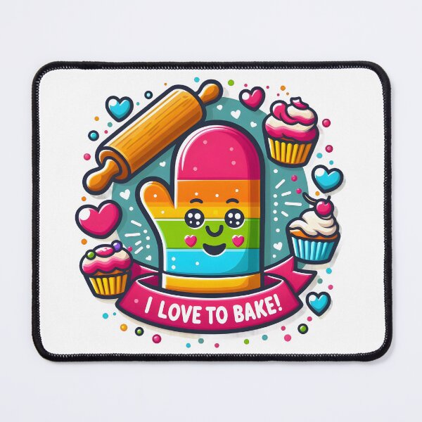 Item preview, I Love to Bake: Cute Cartoon Oven Mitt with Cupcakes and Rolling Pin. designed and sold by The-T-In-Retro.