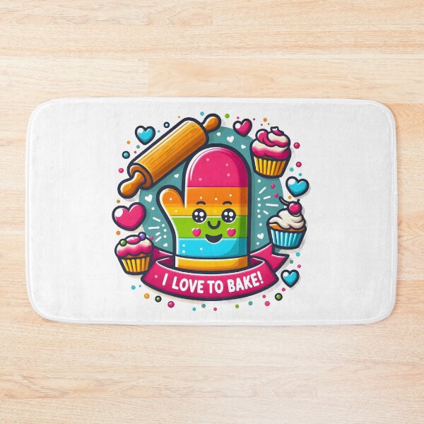 Item preview, I Love to Bake: Cute Cartoon Oven Mitt with Cupcakes and Rolling Pin. designed and sold by The-T-In-Retro.