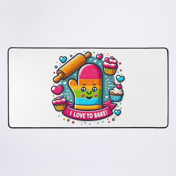 Item preview, I Love to Bake: Cute Cartoon Oven Mitt with Cupcakes and Rolling Pin. designed and sold by The-T-In-Retro.