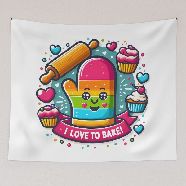 Item preview, I Love to Bake: Cute Cartoon Oven Mitt with Cupcakes and Rolling Pin. designed and sold by The-T-In-Retro.