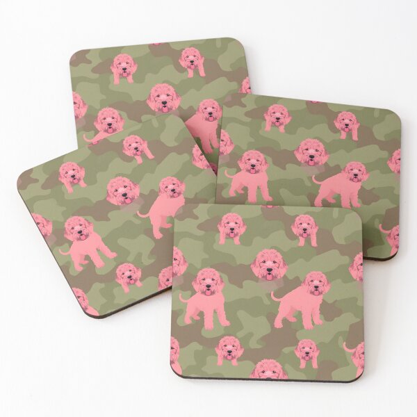 Item preview, golden doodle dogs in pink and green camouflage designed and sold by JuliVogel.