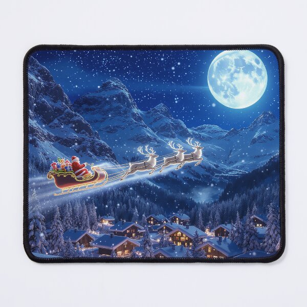 Item preview, Santa’s Sleigh Over Swiss Alps Snow Covered Mountains and Village Lights designed and sold by acceleratorhams.