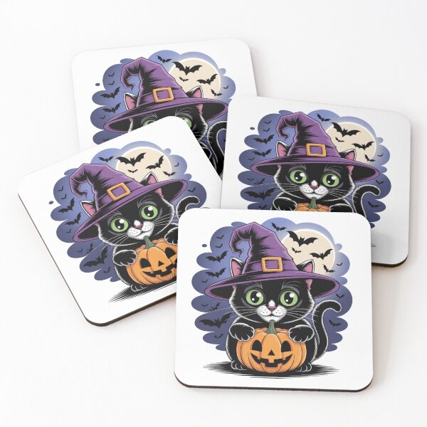 Item preview, Cute Halloween Black Cat T-Shirt Design – Witch Hat, Pumpkin & Full Moon | Cartoon Vector designed and sold by CatLifeDesign.