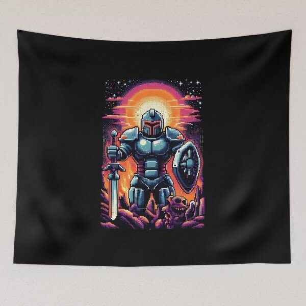 Item preview, Pixel Art Armored Knight with Sword and Shield in Retro Sunset Scene. designed and sold by The-T-In-Retro.