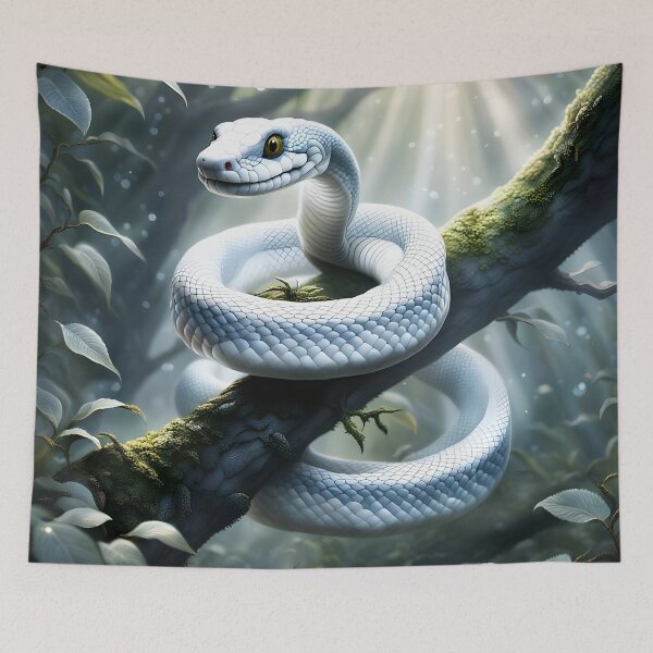 Item preview, White Serpent on Scarlet Branch – Minimalist Elegance in Nature designed and sold by PawPrintedArt.