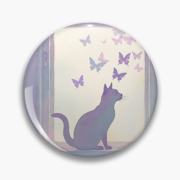 Item preview, Cat gazes at colorful butterflies through a window during a serene morning designed and sold by SpaceartLilu.