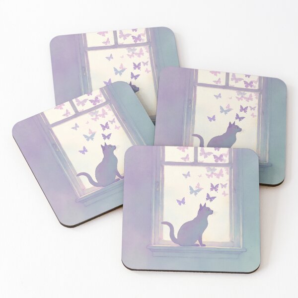 Item preview, Cat gazes at colorful butterflies through a window during a serene morning designed and sold by SpaceartLilu.