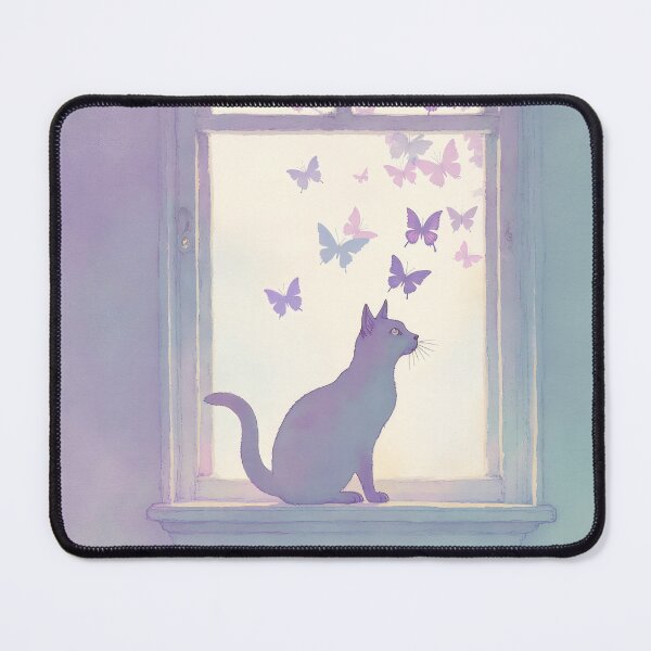 Item preview, Cat gazes at colorful butterflies through a window during a serene morning designed and sold by SpaceartLilu.