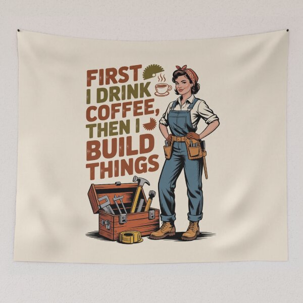 Item preview, First I Drink Coffee Then I Build Things – Retro Female Builder Design designed and sold by Marpin91.