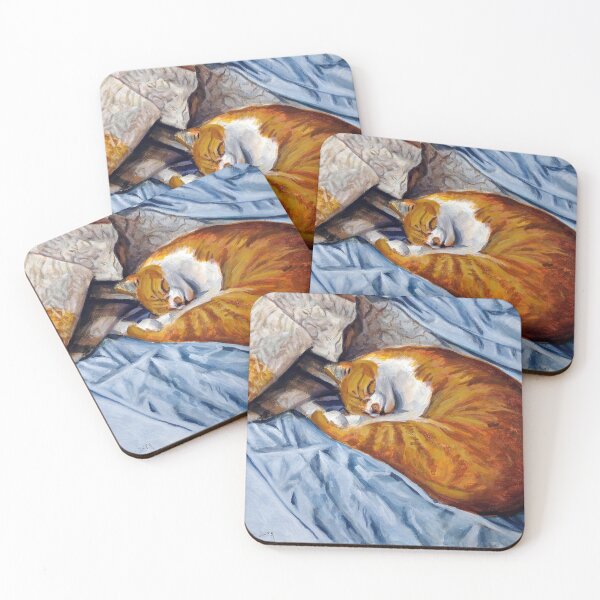 Item preview, Curled ginger cat on bed designed and sold by rontaylorcrouch.