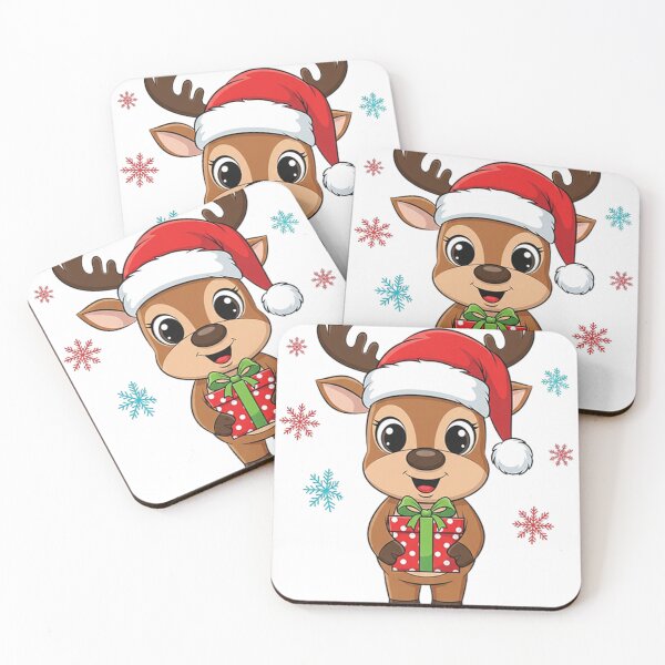 Item preview, Cute Cartoon Reindeer with Santa Hat and Gift – Festive Holiday Cheer Illustration designed and sold by PixelVibe782.
