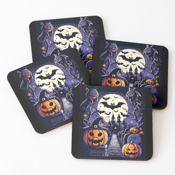 Item preview, Pixel Art Halloween Scene with Pumpkins, Bats, and Haunted Castle. designed and sold by The-T-In-Retro.