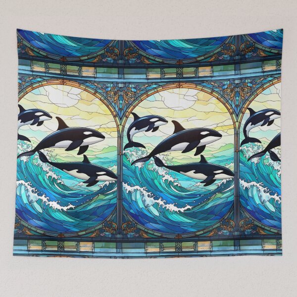 Item preview, Orca Family Stained Glass Ocean Window designed and sold by PEACELOVERSART.