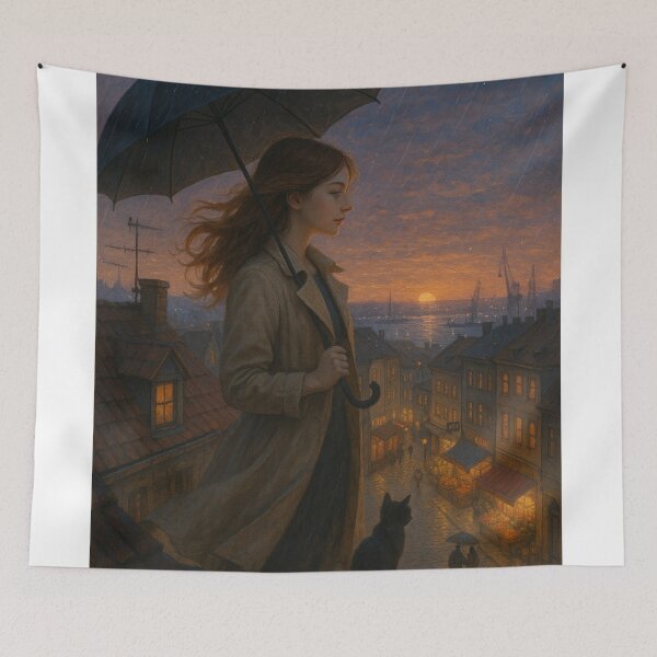 Item preview, City, Umbrella and the Girl – Rooftop Rainy Evening Scene | GGSTCraft designed and sold by ggstcraft.