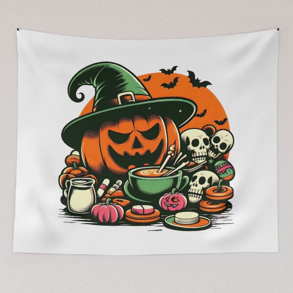Item preview, Witchy Pumpkin Feast with Skulls and Halloween Potions. designed and sold by The-T-In-Retro.
