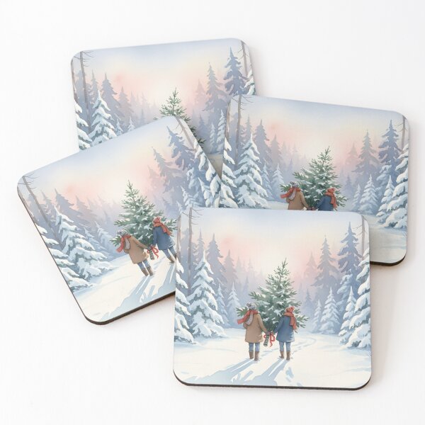 Item preview, Watercolor painting of a couple walking toward a tree in a snowy forest designed and sold by homydesign.