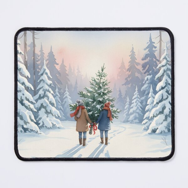 Item preview, Watercolor painting of a couple walking toward a tree in a snowy forest designed and sold by homydesign.