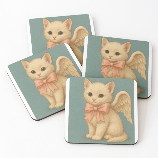 Item preview, A gentle angel kitten with wings and a peach bow  designed and sold by The Silly Goose Studio.