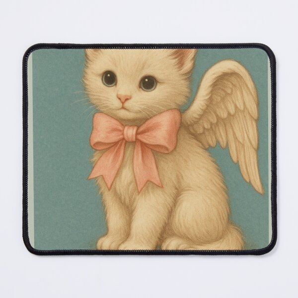 Item preview, A gentle angel kitten with wings and a peach bow designed and sold by The Silly Goose Studio.