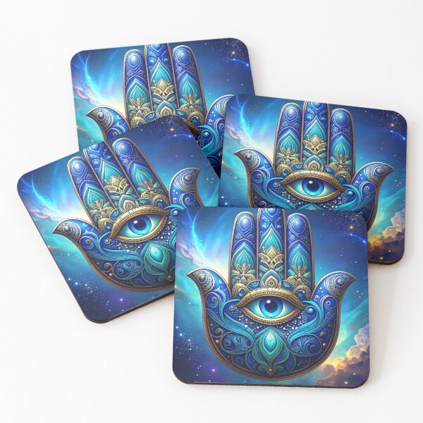 Item preview, Cosmic Boho Hamsa Hand in Blue, Turquoise, and Gold designed and sold by PEACELOVERSART.