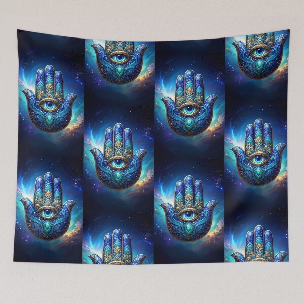Item preview, Cosmic Boho Hamsa Hand in Blue, Turquoise, and Gold designed and sold by PEACELOVERSART.