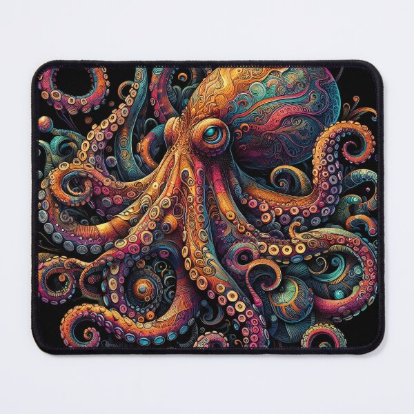Item preview, A vibrant octopus, intricately detailed with swirling patterns and vibrant colors, stands out against a black background designed and sold by homydesign.