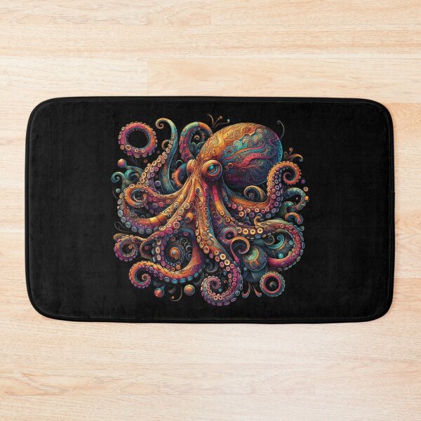 Item preview, A vibrant octopus, intricately detailed with swirling patterns and vibrant colors, stands out against a black background designed and sold by homydesign.