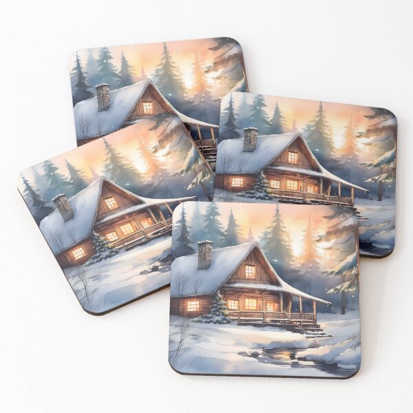 Item preview, Snowy log cabin nestled among tall trees in a tranquil winter forest scene at dusk designed and sold by homydesign.