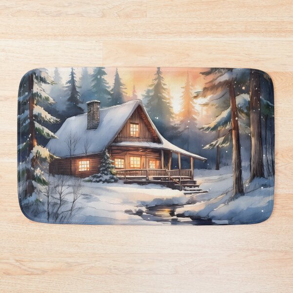 Item preview, Snowy log cabin nestled among tall trees in a tranquil winter forest scene at dusk designed and sold by homydesign.