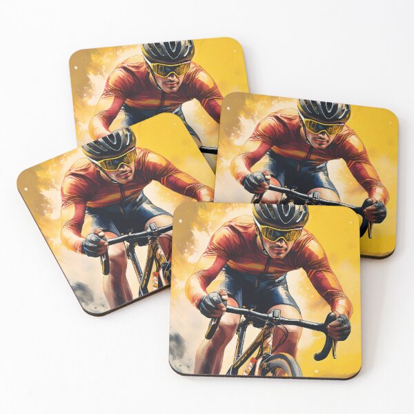 Item preview, A cyclist, appearing male, in racing gear and a helmet leans forward on a road bike, rendered dynamically against a vibrant yellow and orange background designed and sold by homydesign.