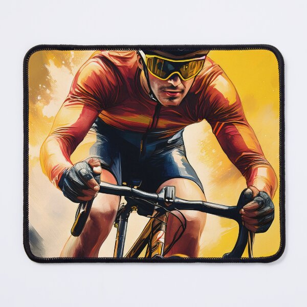 Item preview, A cyclist, appearing male, in racing gear and a helmet leans forward on a road bike, rendered dynamically against a vibrant yellow and orange background designed and sold by homydesign.